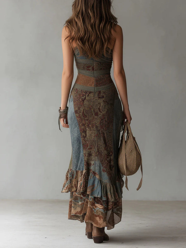 Elena – Vestido Maxi Assimétrico com Padrão Étnico