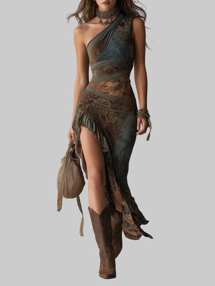 Elena – Vestido Maxi Assimétrico com Padrão Étnico