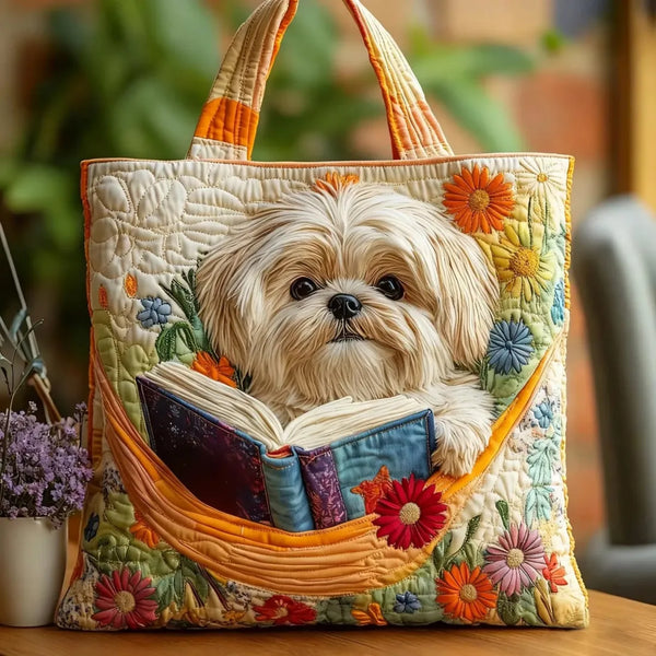 Saco de Ombro Artesanal - Shih Tzu com Livros e Flores