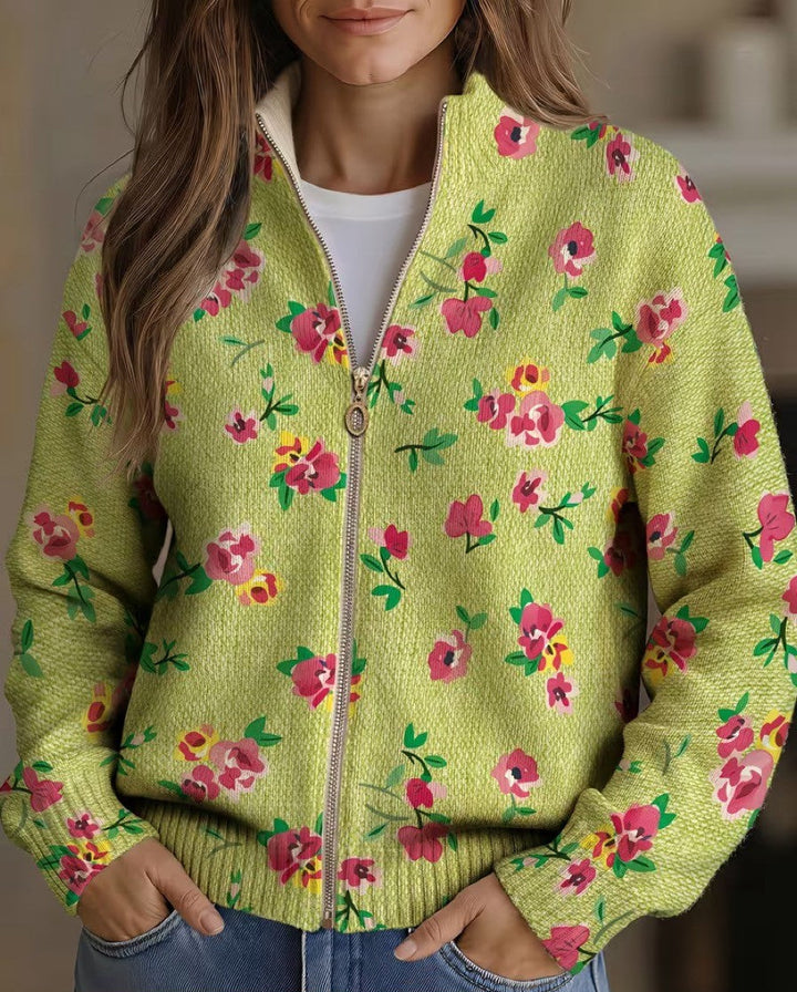 Margot | Cardigan zippado floral rosa e lima