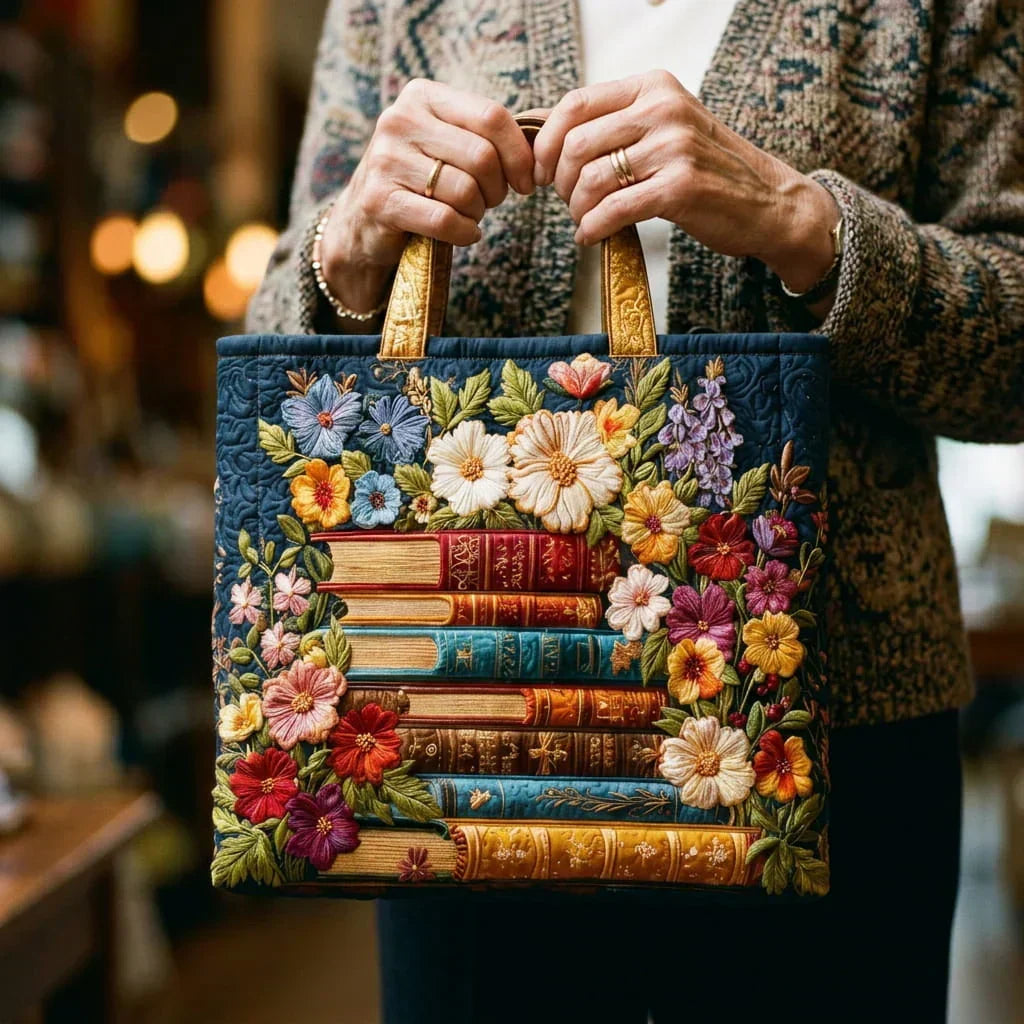 Saco Tote Artesanal - Impresso Floral e Livros