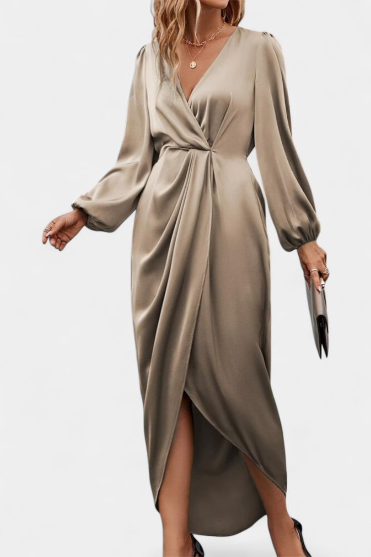 Andrea - Vestido Longo Elegante com Decote em V e Fenda Lateral